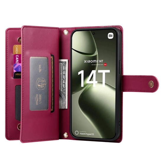 Klapkové puzdro pre Xiaomi 14T, Wallet Zipper Pocket, červené