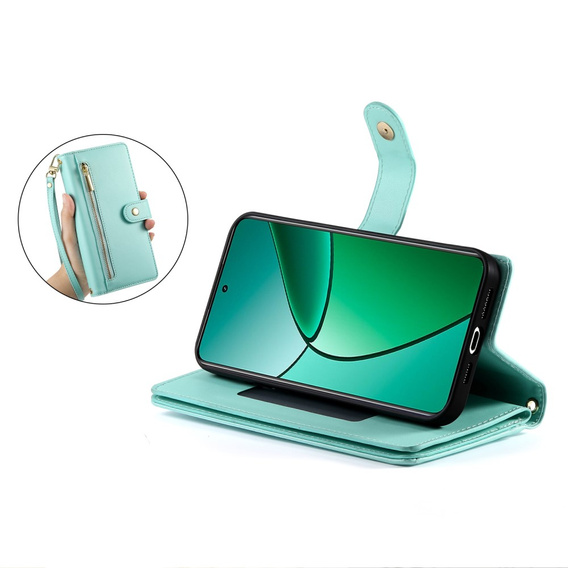 Klapkové puzdro pre Realme 14 Pro 5G, Wallet Zipper Pocket, mätové