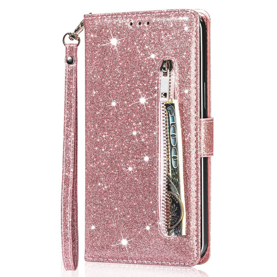 Klapkové puzdro pre Samsung Galaxy A56 5G, Wallet Zipper Pocket Glittery, ružové rose gold