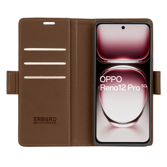 Puzdro pre Oppo Reno 12 Pro, ERBORD Glossy Litchi, flipová peňaženka, hnedé