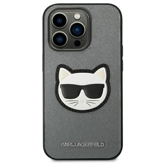 Karl Lagerfeld Obal na mobil pre iPhone 14 Pro Max, Saffiano Choupette Head Patch, strieborné