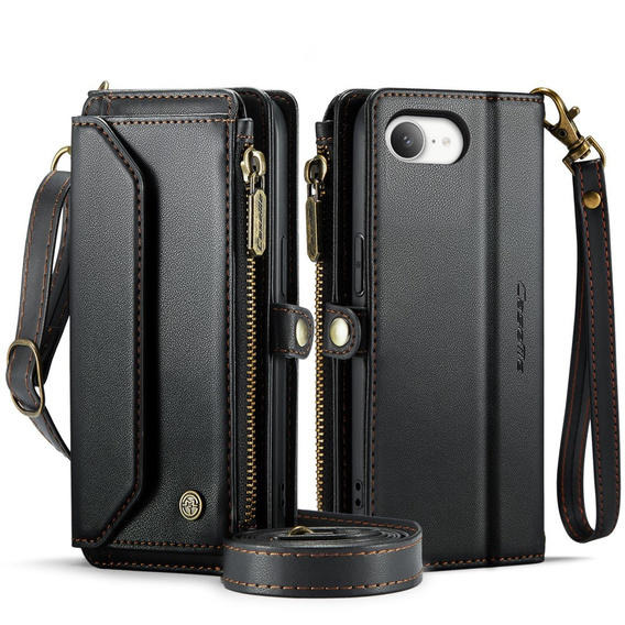 Puzdro CASEME pre iPhone16e, RFID Leather Wallet, s popruhom cez rameno, čierne