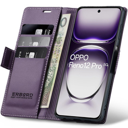 Puzdro pre Oppo Reno 12 Pro, ERBORD Glossy Litchi, flipová peňaženka, fialové