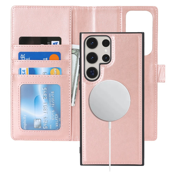 Puzdro s chlopňou pre Samsung Galaxy S23 Ultra, peňaženkové, pre MagSafe, ružové rose gold