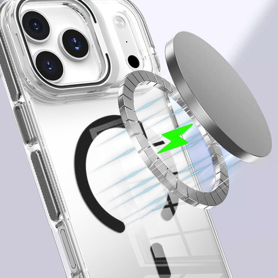 Puzdro pre iPhone 17 Pro Max, pre MagSafe, so stojanom, priehľadné s čiernymi vložkami