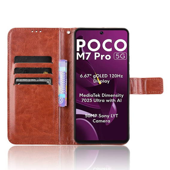 Klapkové puzdro pre Xiaomi Poco M7 Pro 5G, Crazy Horse Wallet, hnedé
