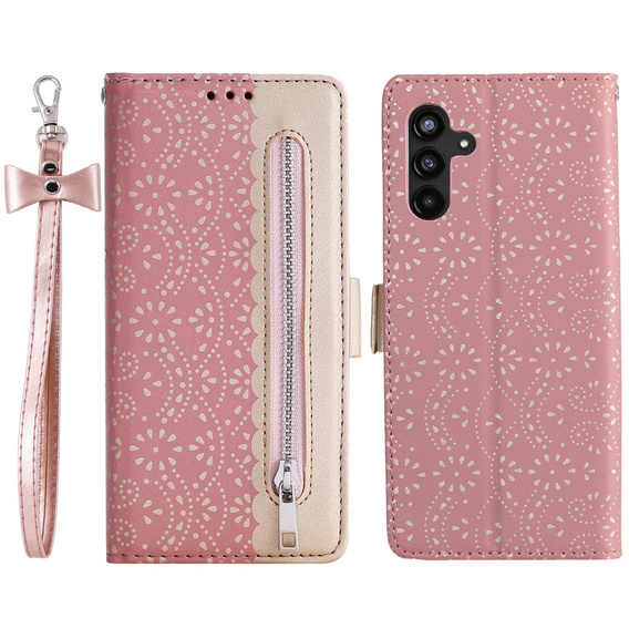 Klapkové puzdro pre Samsung Galaxy A54 5G, Wallet Pocket Zipper Lace, ružové