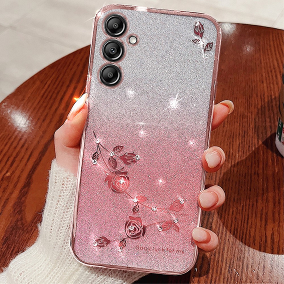 Puzdro pre Samsung Galaxy S24+ Plus, Glitter Flower, ružové rose gold
