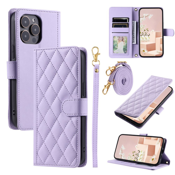 Puzdro s chlopňou pre iPhone 16 Pro, Rhombus Crossbody Leather, fialové