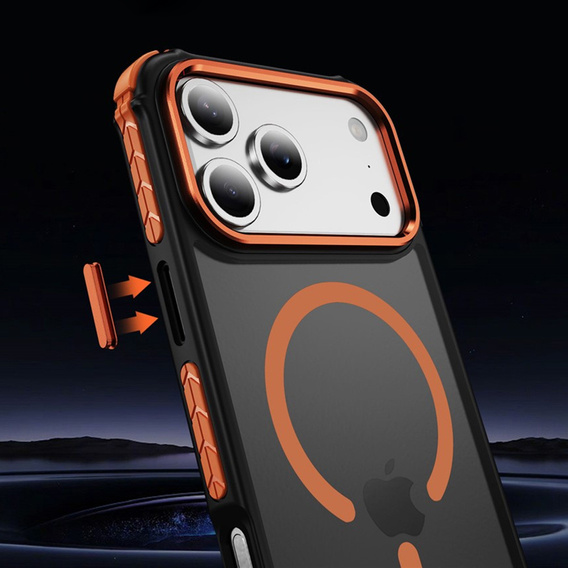 Matné puzdro pre iPhone 17 Pro Max, pancierované, pre MagSafe, dymové s oranžovými stranami