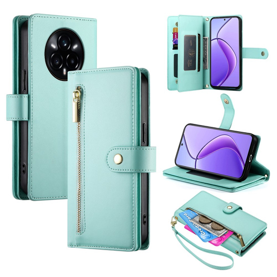 Klapkové puzdro pre Realme 14 Pro+ 5G, Wallet Zipper Pocket, mätové