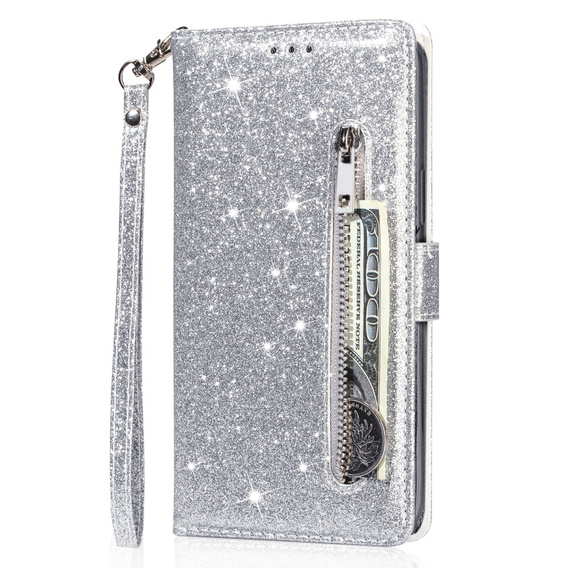 Klapkové puzdro pre Samsung Galaxy A36 5G, Wallet Zipper Pocket Glittery, strieborné