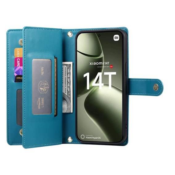 Klapkové puzdro pre Xiaomi 14T, Wallet Zipper Pocket, modré