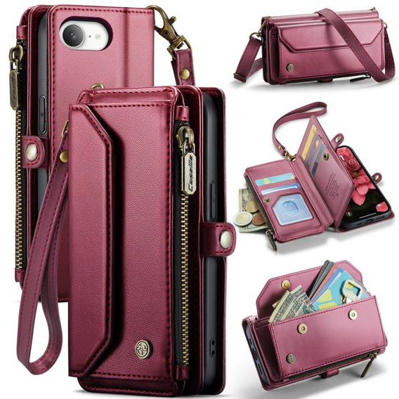 Puzdro CASEME pre iPhone16e, RFID Leather Wallet, s popruhom cez rameno, červené