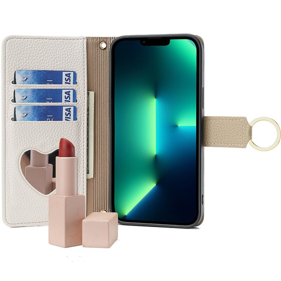 Flipové puzdro pre iPhone 15 Pro, Wallet Zipper Pocket, so zrkadlom, biele