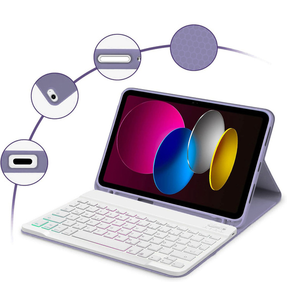 Puzdro s podsvietenou bluetooth klávesnicou pre iPad 10.9 2022 (10 gen.), fialové