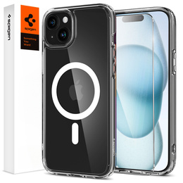 Puzdro MagSafe Spigen pre iPhone 15, Ultra Hybrid, transparentné / biele + tvrdené sklo 9H