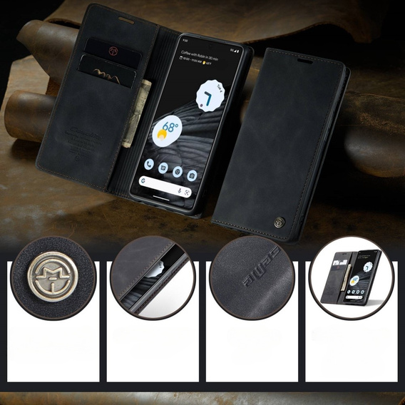 CASEME puzdro pre Google Pixel 7, Leather Wallet Case, čierne