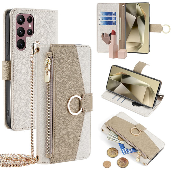 Flipové puzdro pre Samsung Galaxy S24 Ultra, Wallet Zipper Pocket, so zrkadlom, biele