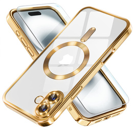 Puzdro pre iPhone 16, Electro MagSafe, zlaté + sklo na displej