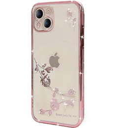 Puzdro pre iPhone 15 Plus, Glitter Flower, ružové rose gold