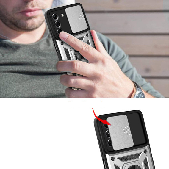 Obal na mobil pre Samsung Galaxy S21 FE, CamShield Slide, strieborné