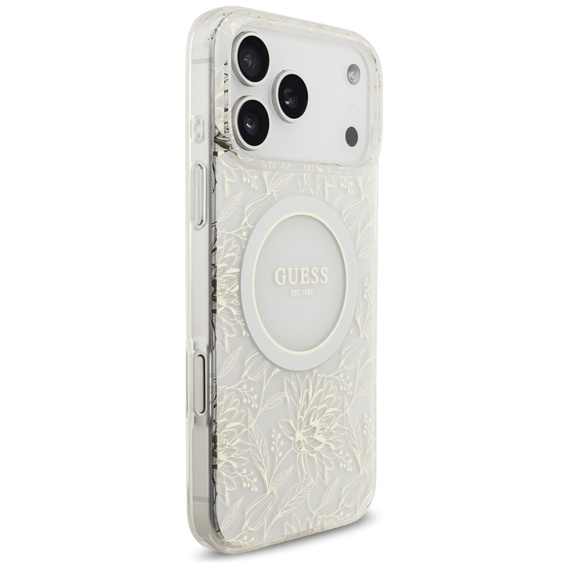 Guess IML Flowers Galvanizované po celom povrchu s remienkom s korálkami, pre MagSafe, s remienkom pre iPhone 17 Pro Max