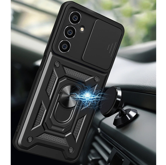 Pancierované puzdro pre Samsung Galaxy A25, pancierovaný Slide Ring, čierne + 9H sklo