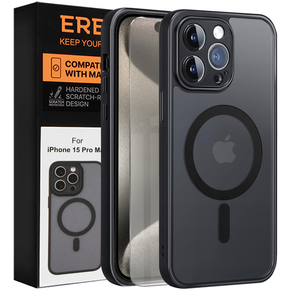 Puzdro pre iPhone 15 Pro Max, pre MagSafe, ERBORD Matt Case, čierny + sklo na displej