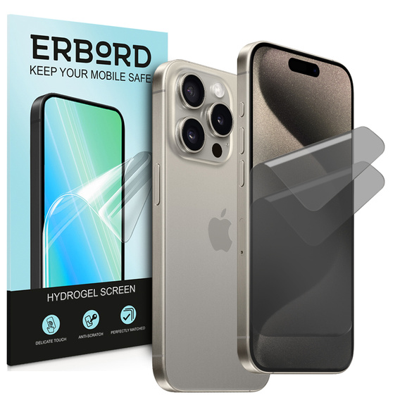 2 x Privatizačná fólia pre iPhone 15 Pro Max, ERBORD Anti-Spy Hydrogel