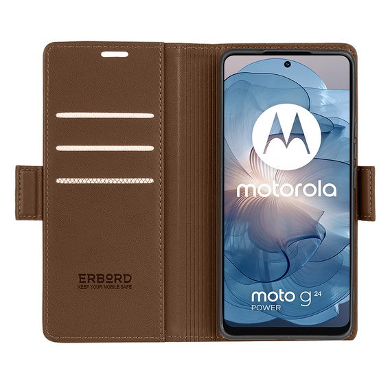 Puzdro pre Motorola Moto G24 Power, ERBORD Glossy Litchi, flipová peňaženka, hnedé