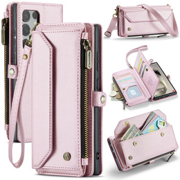 Puzdro CASEME pre Samsung Galaxy S25 Ultra, RFID Leather Wallet, s popruhom cez rameno, ružové
