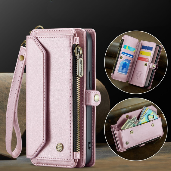Puzdro CASEME pre iPhone16E, RFID Leather Wallet, s popruhom cez rameno, ružové
