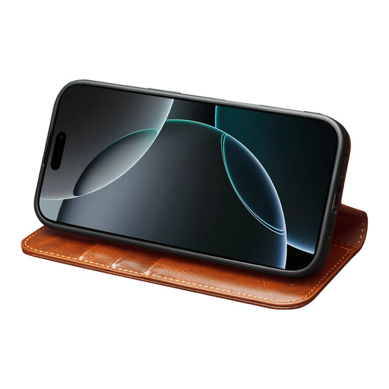 QIALINO Flipové puzdro z pravej hovädzej kože pre iPhone 17 Pro Max, hnedé