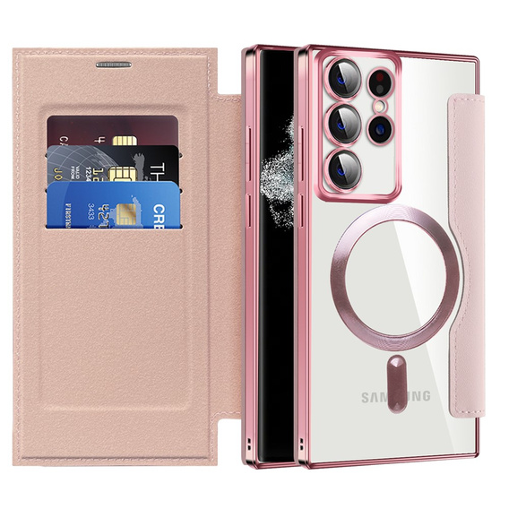 Klapkové puzdro pre Samsung Galaxy S22 Ultra 5G, RFID Wallet MagSafe CamShield, ružové