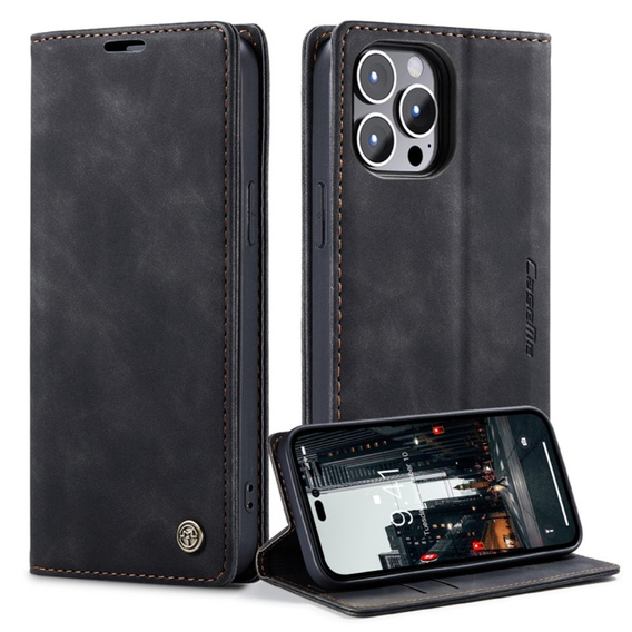 CASEME puzdro pre iPhone 14 Pro, Leather Wallet Case, čierne