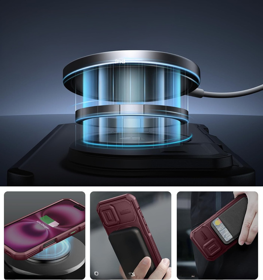 Obrnené puzdro pre iPhone 16, Dexnor CamProtect MagSafe, bordové (dva rámčeky)