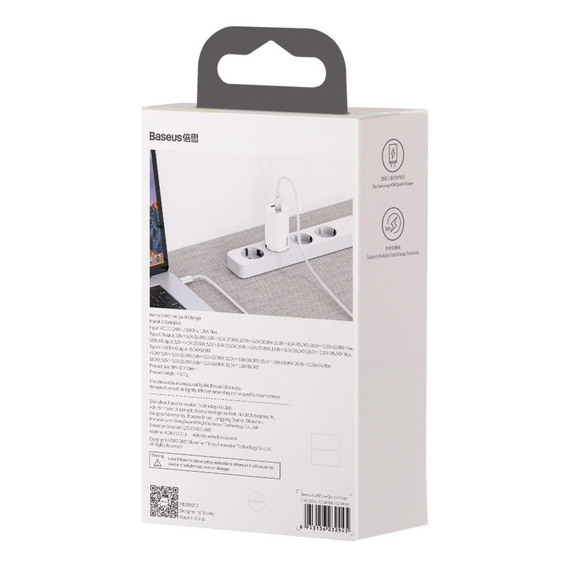 Sieťová nabíjačka Baseus GaN2 Lite 65 W USB-C + USB-A, biela (EÚ)