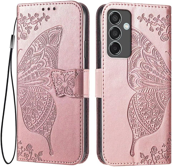Klapkové puzdro pre Samsung Galaxy M55 5G, Butterfly, ružové rose gold