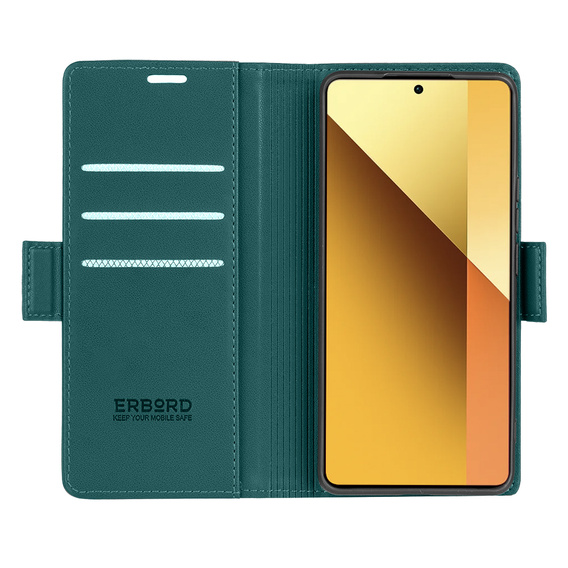 Puzdro pre Xiaomi Redmi Note 13 5G, ERBORD Glossy Litchi, flipová peňaženka, zelený