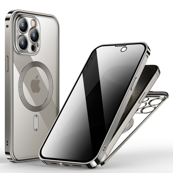 Puzdro pre iPhone 15 Pro Max, Privacy Dual Glass, pre MagSafe, strieborné