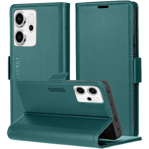Puzdro pre Oppo Reno 14, ERBORD Glossy Litchi, flipová peňaženka, zelený