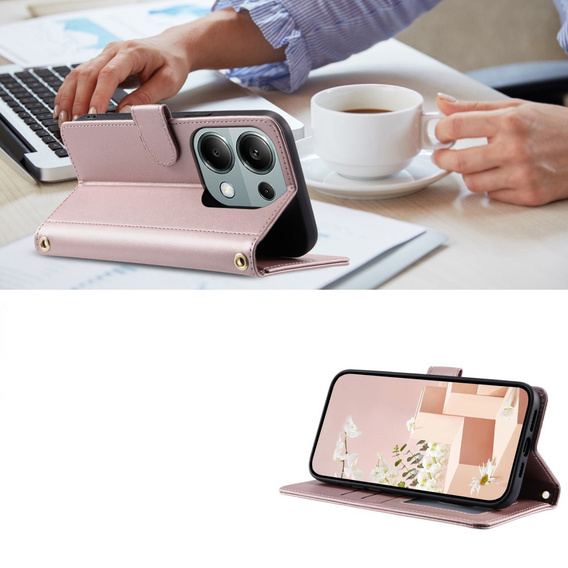 Puzdro s chlopňou pre Xiaomi Redmi Note 13 Pro 4G / Xiaomi Redmi Note 14S / Xiaomi Poco M6 Pro 4G, Rhombus Crossbody Leather, ružové rose gold