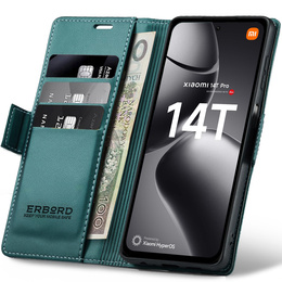 Puzdro pre Xiaomi 14T Pro, ERBORD Glossy Litchi, flipová peňaženka, zelený