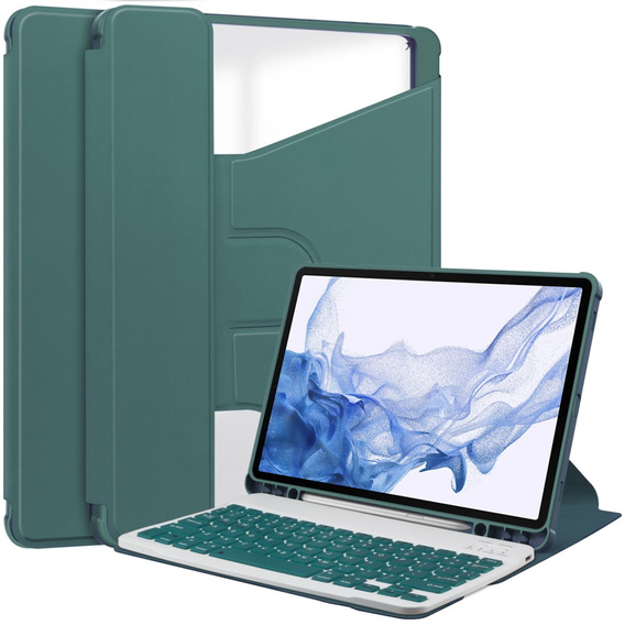 Puzdro s klávesnicou pre Samsung Galaxy Tab S9, Rotary 360° Leather, tmavozelené