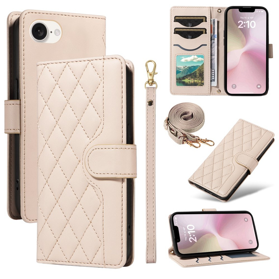 Puzdro s chlopňou pre iPhone 16E, Rhombus Crossbody Leather, béžové