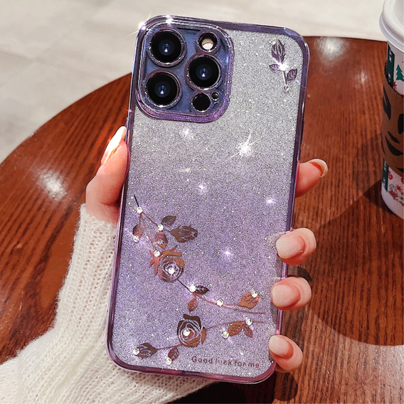 Puzdro pre iPhone 16 Pro Max, Glitter Flower, fialové