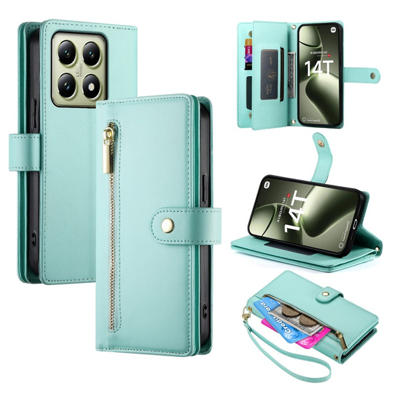 Klapkové puzdro pre Xiaomi 14T, Wallet Zipper Pocket, zelený