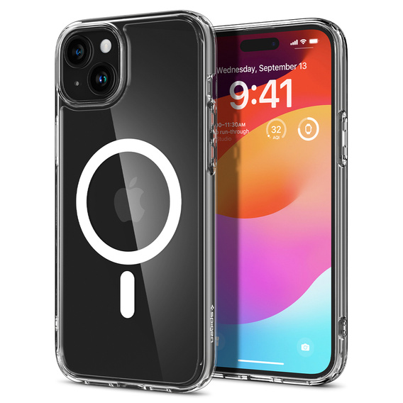 Puzdro MagSafe Spigen pre iPhone 15, Ultra Hybrid, transparentné / biele + tvrdené sklo 9H