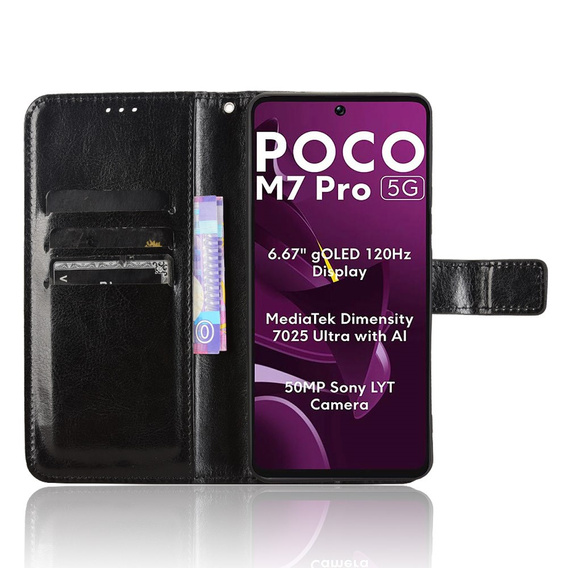 Klapkové puzdro pre Xiaomi Poco M7 Pro 5G, Crazy Horse Wallet, čierne